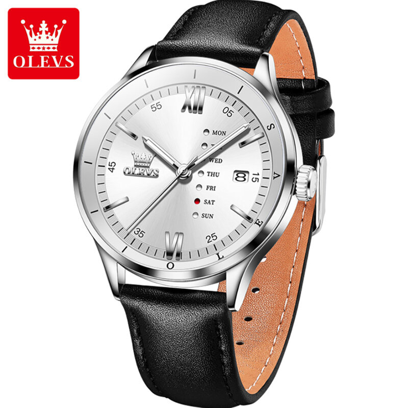 OLEVS-Montre à quartz avec bracelet en cuir, calendrier à cadran rond, cadeau tendance, 2931