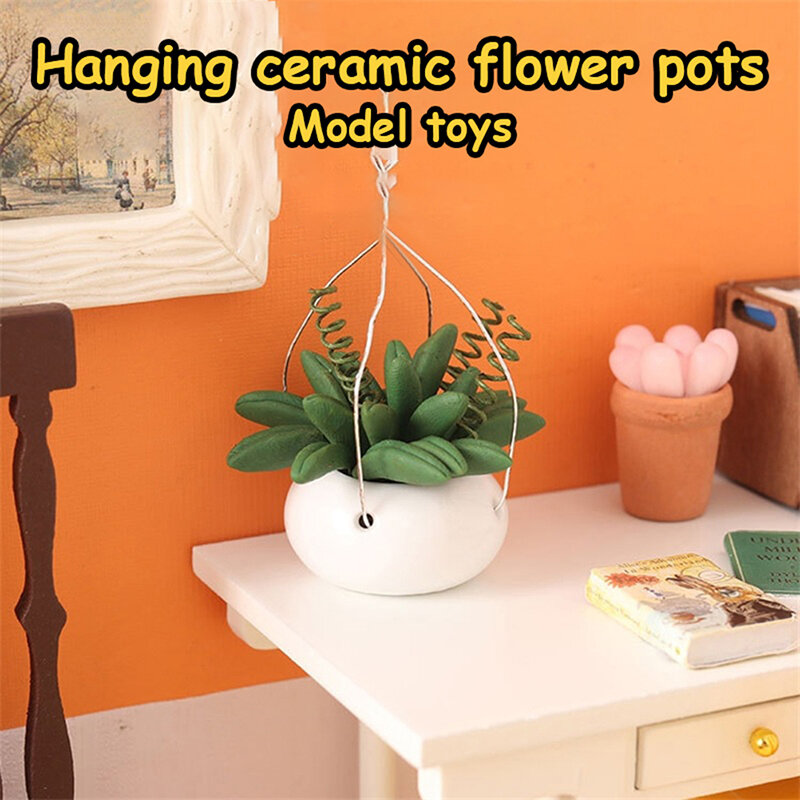Rumah boneka keranjang gantung Pot tanaman miniatur, Pot tanaman gantung Pot peri taman kumpulan bunga keranjang berkebun miniatur