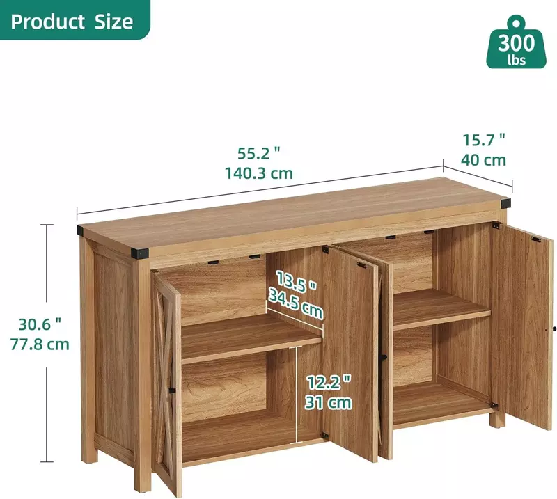 55'' Large Kitchen Storage Cabinet with 4 Doors, Wood Coffee Bar Cabinet with Adjustable Shelf for Dining Living Room