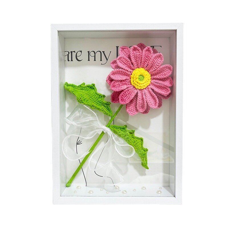 양모 크로셰 수제 꽃 거베라 디퓨저 사진 프레임, 완성 된 꽃다발 선물, 가족 및 친구용 가구 장식품