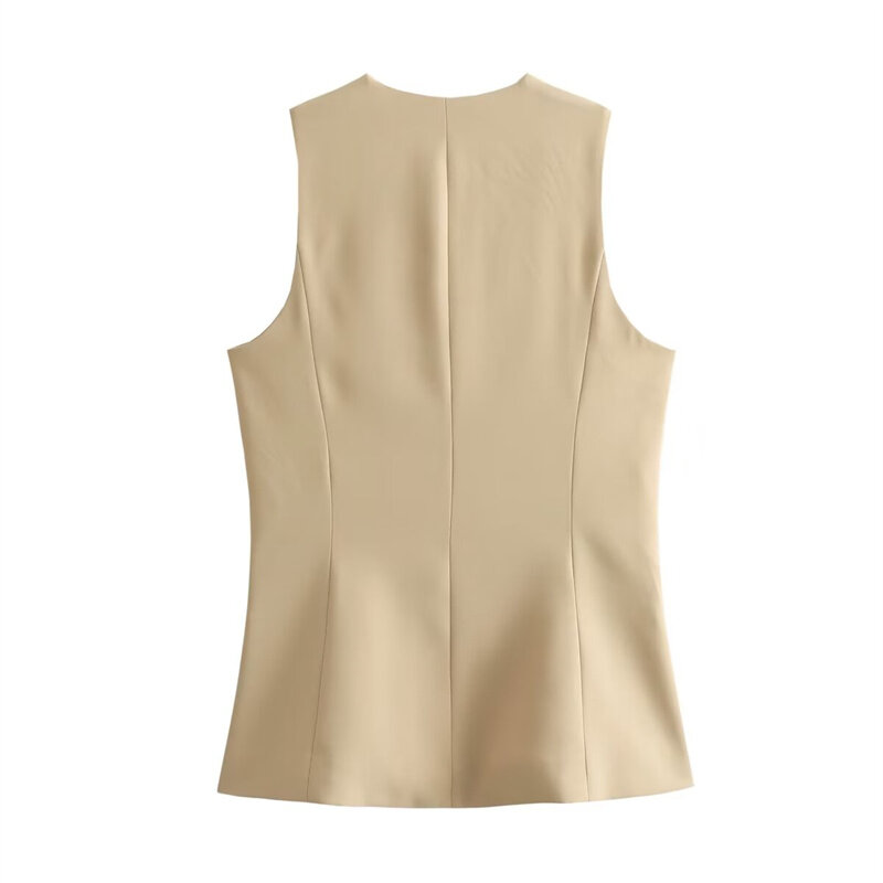 KEYANKETIAN 2024 New Launch Women Khaki Vest Summer American Retro Single Breasted V-Neck Sleeveless Slim Waistcoat Pockets Top