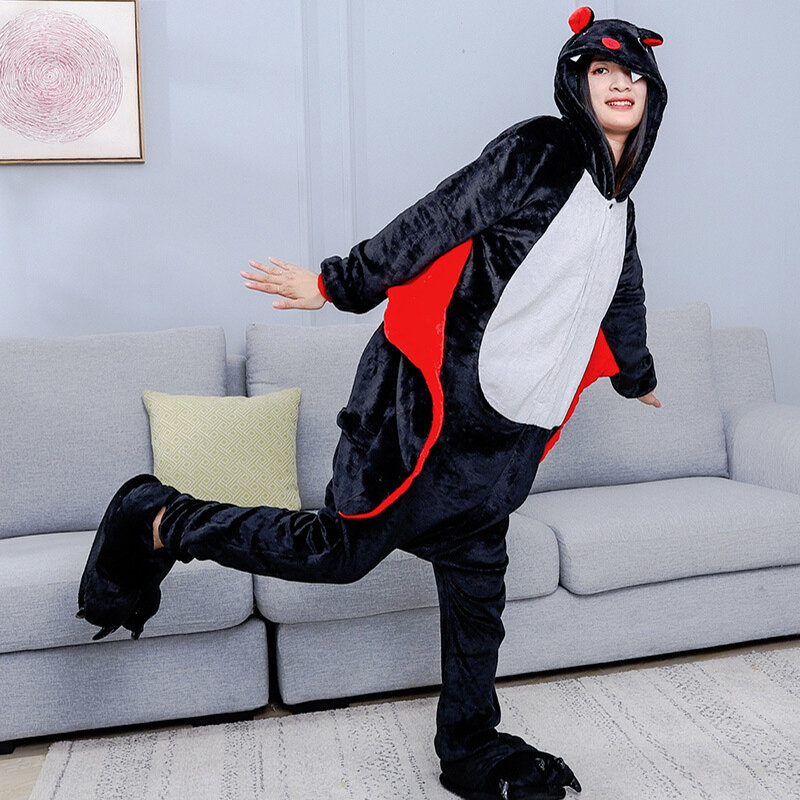 Animal Kigurumi Jumpsuit Pajamas Funny Festival Costume with Wings Adult One-piece Home Wear Hooded Flannel Women's Clothing