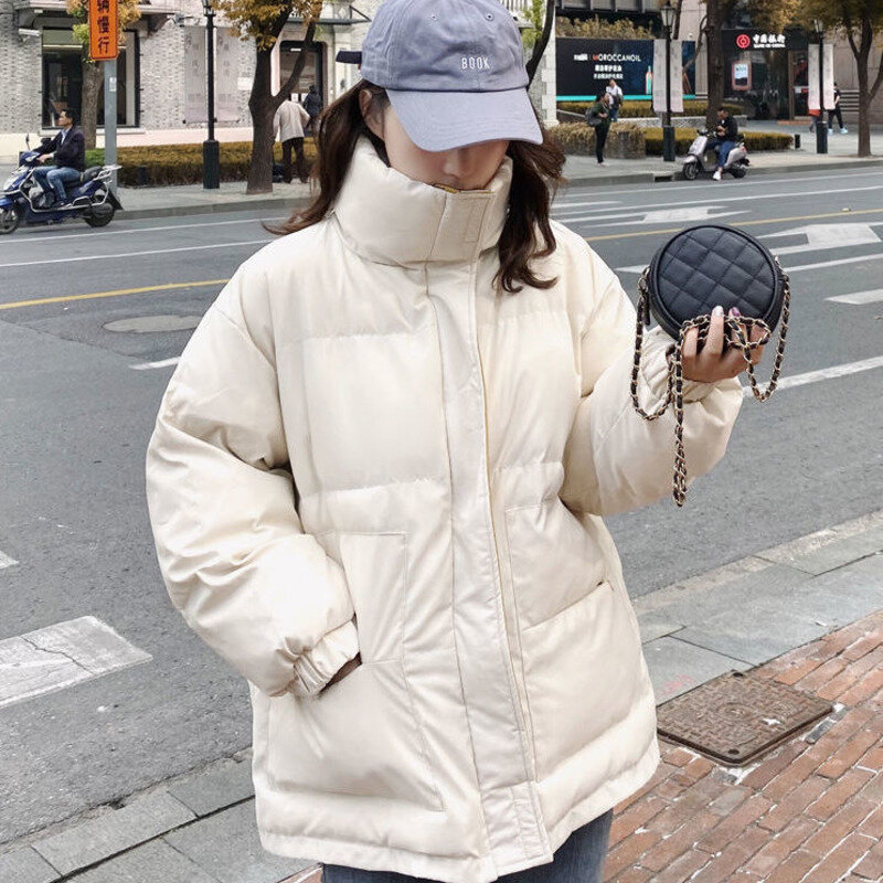 Jaket musim dingin wanita, mantel roti empuk katun kerah palsu tebal longgar hitam hangat Streetwear mode