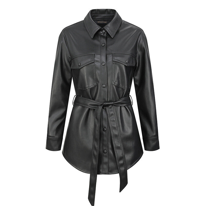 Blazer Formal de cuero con cinturón para mujer, chaqueta de un solo botón, ropa de trabajo de negocios, abrigo de oficina, negro y marrón