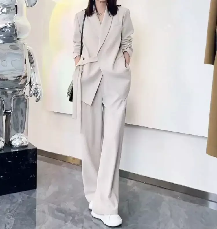 Office Lady Blazer Set Elegant Lace Up Long Sleeve V-neck Coat High Waist Straight Pant Suit 2023 Casual Loose Autumn Women Sets