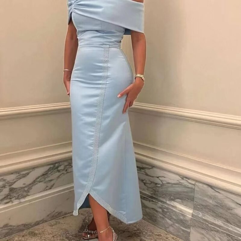 Pale Blue Off Shoulder Slim Prom Dresses Sleeveless Satin Ankle Length Ruffle Pleated Backless Evening Party Gown