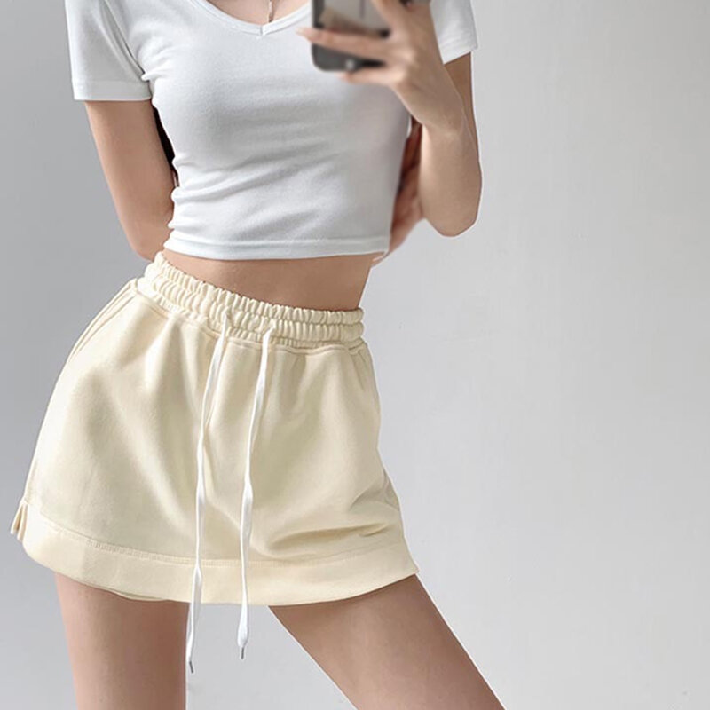 Women Short Skirt High Waist Elasticity Drawstring Spring Summer Solid Colour Slim Fit Casual Casual Sweet