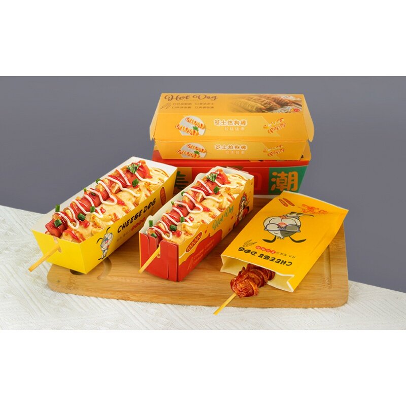 Caja de papel Kraft desechable para comida, embalaje personalizado para palitos de perros calientes, bandeja de comida