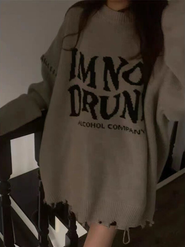Kobiety Punk Grunge list drukuj Jumper drążą Gothic Streetwear nadwymiarowy sweter Out Hole luźne Casual topy Y2K ubrania