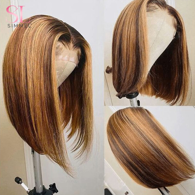 SIMMEL Ombre 4x4 koronkowa peruka wyróżnij kolorowe peruki z ludzkich włosów wyróżnij brązowe peruki Bob proste włosy typu Remy 180 gęstość