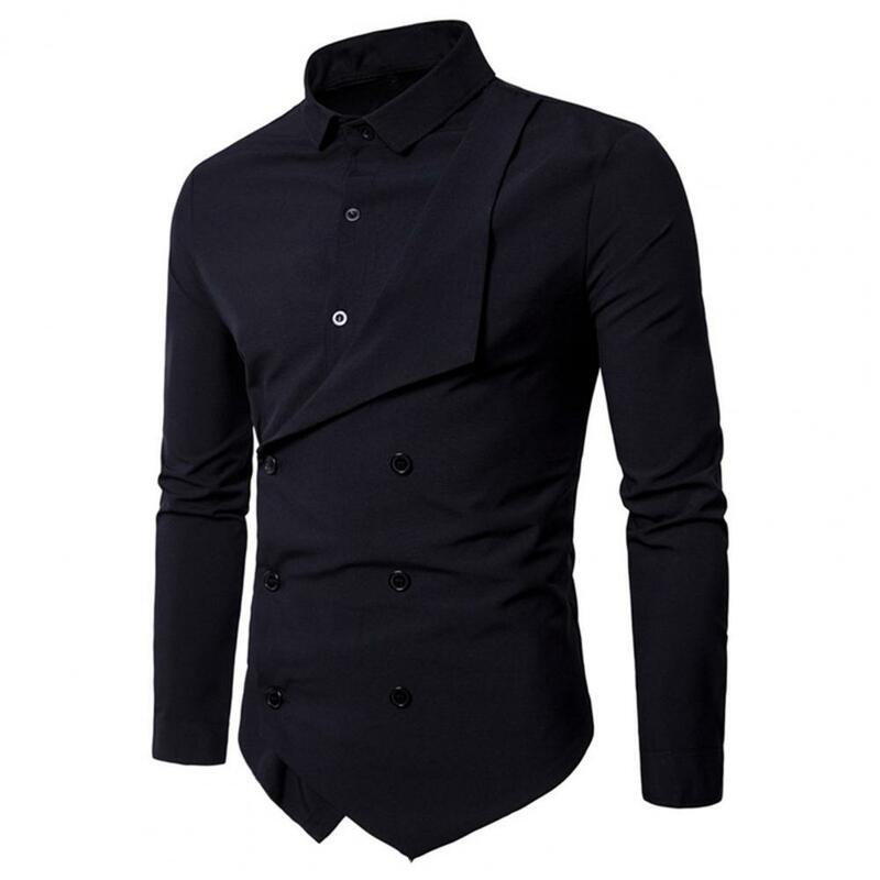 Camisa de lapela trespassado masculina, cor sólida, manga longa, camisa de trabalho, camisa de chef, blazer formal de negócios, duas peças falsas