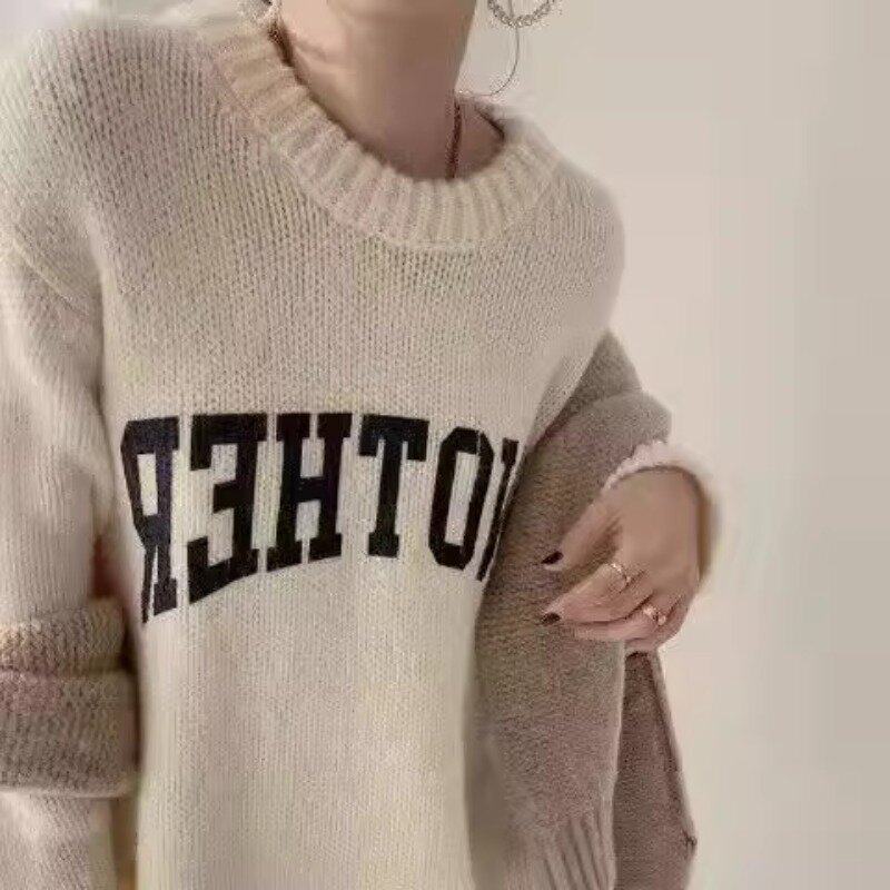 Jersey de punto con letras para Mujer, suéter elegante, holgado, Vintage, informal, de manga larga, combina con todo, moda de invierno, 5 colores