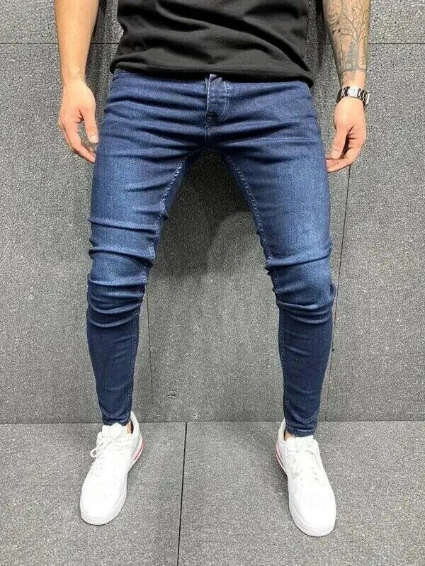Celana pensil Jeans Denim pria, celana ketat, panjang pergelangan kaki, Solid ketat, saku kecil, pinggang tinggi, 2024