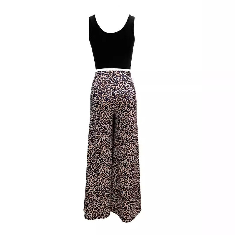 Women's Summer Fashion Sleeveless Short Vest Casual Leopard Print Wide Leg Pants Suit Women's Casual Two-piece Set
