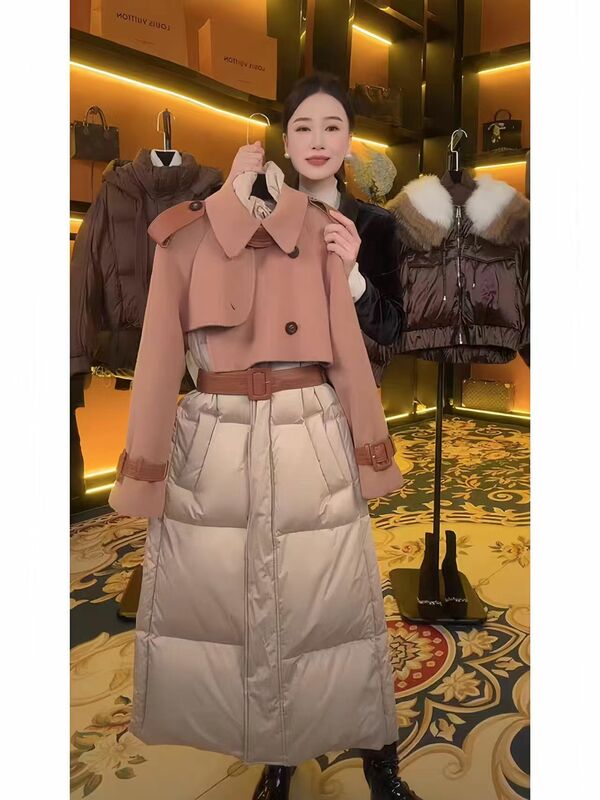 작은 향기로운 스타일 패치워크 다운 재킷, 스탠딩 칼라 타이 업 롱 화이트 덕 다운 재킷, 유럽 여성 겨울 신상 스타일