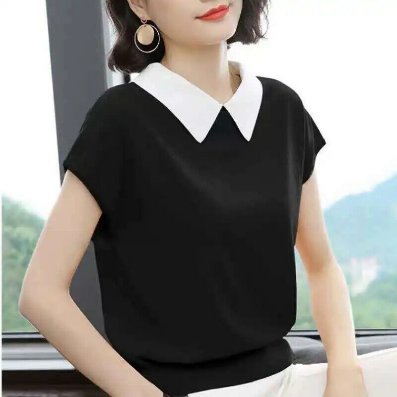 Bluzki damskie z kontrastem w stylu biurowym letnie nowe koszulki z krótkim rękawem w jednolitym kolorze, modne T-shirty eleganckie damskie w stylu Vintage