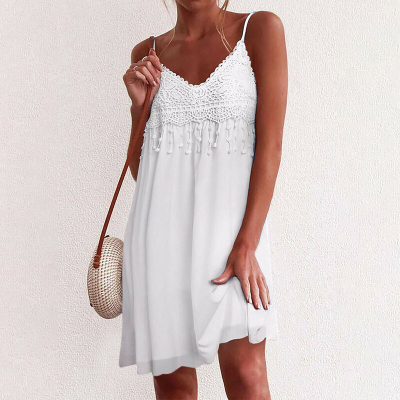 Женское мини-платье без рукавов, летнее повседневное свободное кружевное пляжное платье в стиле пэчворк, винтажное модное элегантное платье на бретелях-спагетти