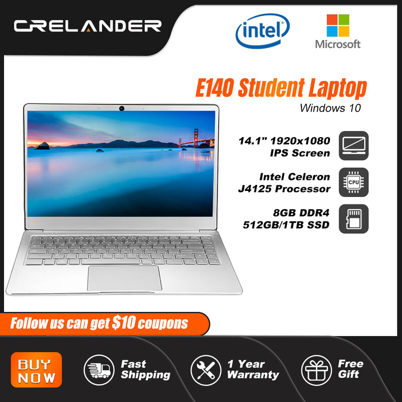 CRELANDER Laptop 14 inci Intel Celeron J4125, Laptop 8GB RAM Windows 10 logam Notebook komputer PC portabel murah untuk pelajar