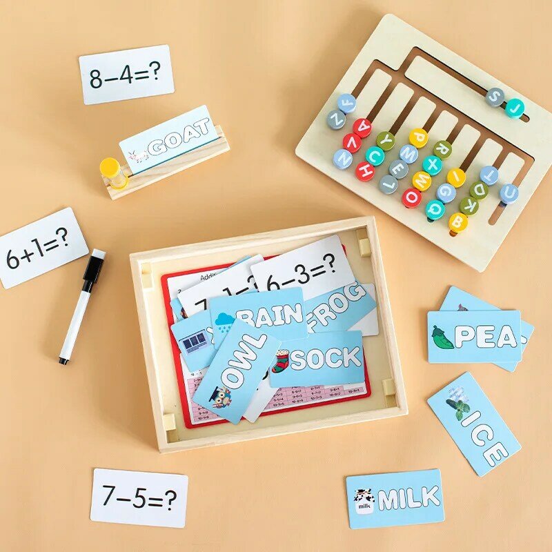 Caixa de aprendizagem multifuncional para crianças, brinquedos de madeira, educação infantil, dupla face, brinquedos digitais ingleses