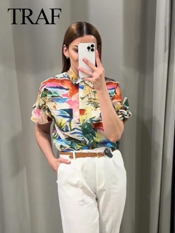 TRAF Elegant Women Casual Chic Short Sleeve Blouse Top Woman Vintage Print Single-Breasted Pockets Lapel Decoration Shirt