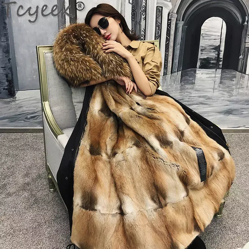 Tcyeek Fashion Real Fur Parka Winter Jacket Women Clothing Elegant Hooded Mink Fur Liner Jackets Female Warm Raccoon Fur Collar
