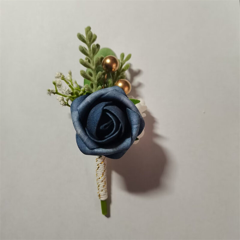 PE Rose Boutonniere bunga pin korsase pernikahan putih biru pengiring mempelai pria bros kancing Aksesori pernikahan saksi pernikahan pria