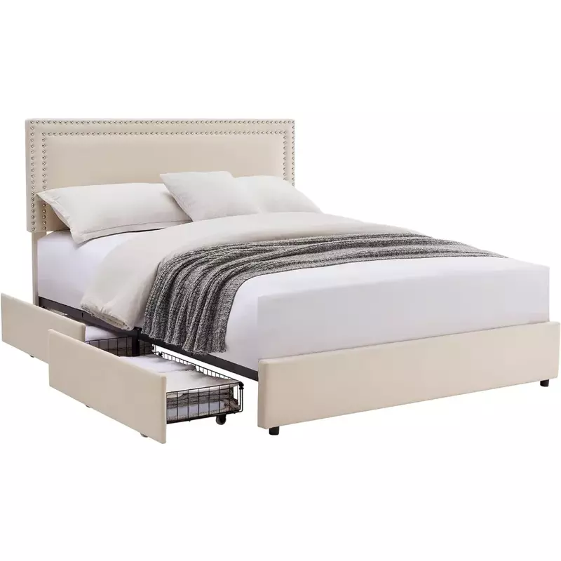 Bedroom furniture, large upholstered platform, bed frame platform with 4 storage drawers, adjustable velvet rivet headboard