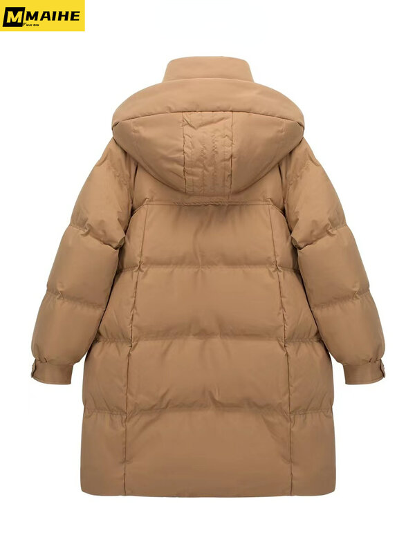 Jaket bulu angsa wanita Korea Selatan, jaket bertudung tahan angin panjang setengah tebal mewah musim dingin untuk wanita