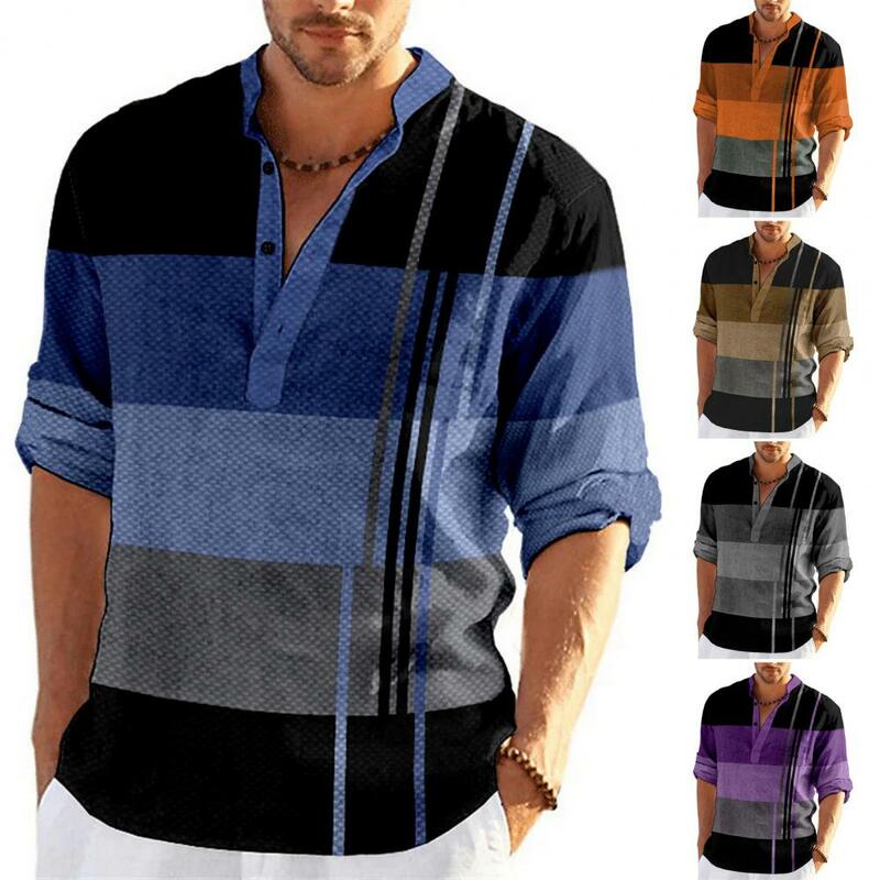 Kemeja bisnis pria, bergaya leher V kemeja bisnis lengan panjang desain Pullover warna Patchwork kasual untuk pria