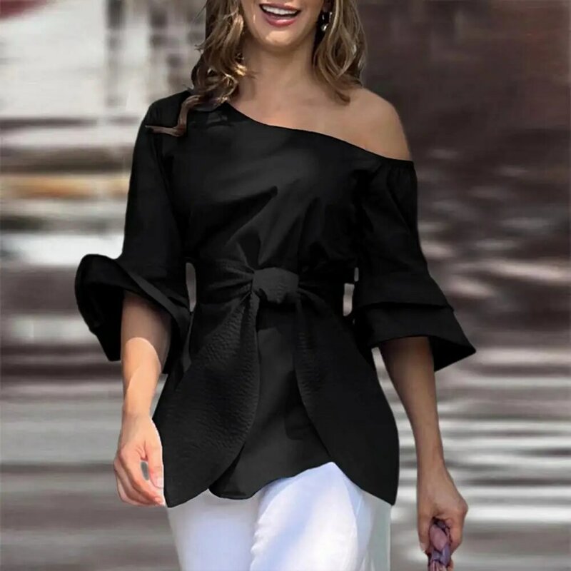 Элегантная женская летняя блузка со шнуровкой и косым воротником, Стильная однотонная блузка с расклешенным рукавом до локтя для улицы