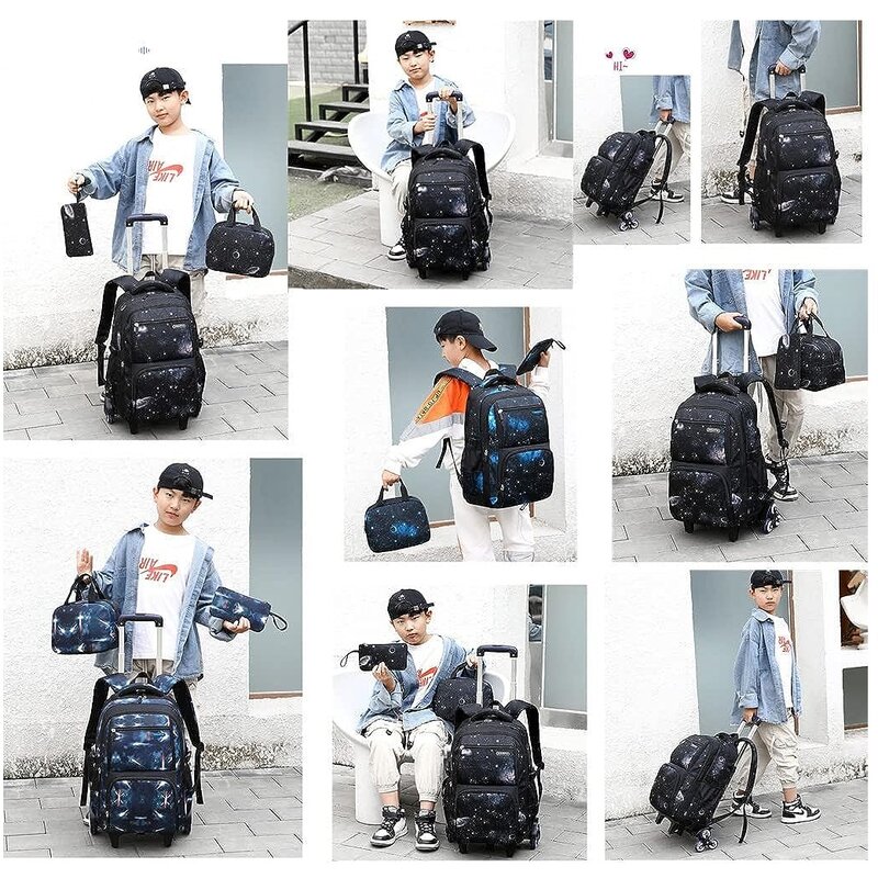Kids School Bag With Wheels Rolling Backpack for Boy Wheeled School Bag 6 Wheels Trolley Bookbag Carry on Luggage with Lunch Bag