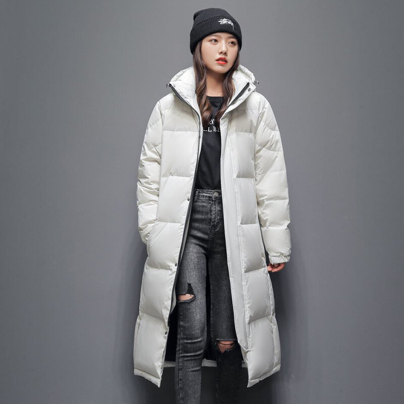Korean Version Men Down Jacket Over The Knee Thicken Long Duck Coat Couples Hooded Warm Winter Lovers' Clothes Women