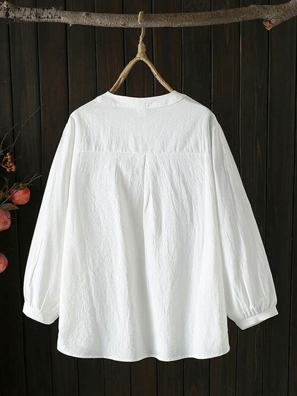 ZANZEA-camisa de manga comprida para mulheres, blusa larga larga bordada, tops com o pescoço, túnica casual, moda sólida, verão, 2024