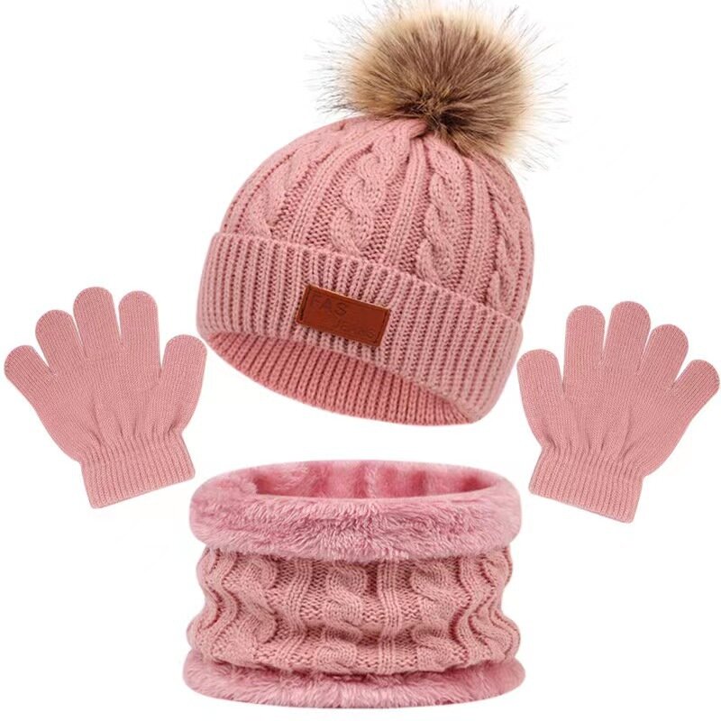 3pcs Winter Warm Children'S Hat Scarf Gloves Set Childlike Thick Windproof Kids Beanie Hat Cover Hood Scarf Baby New Gift