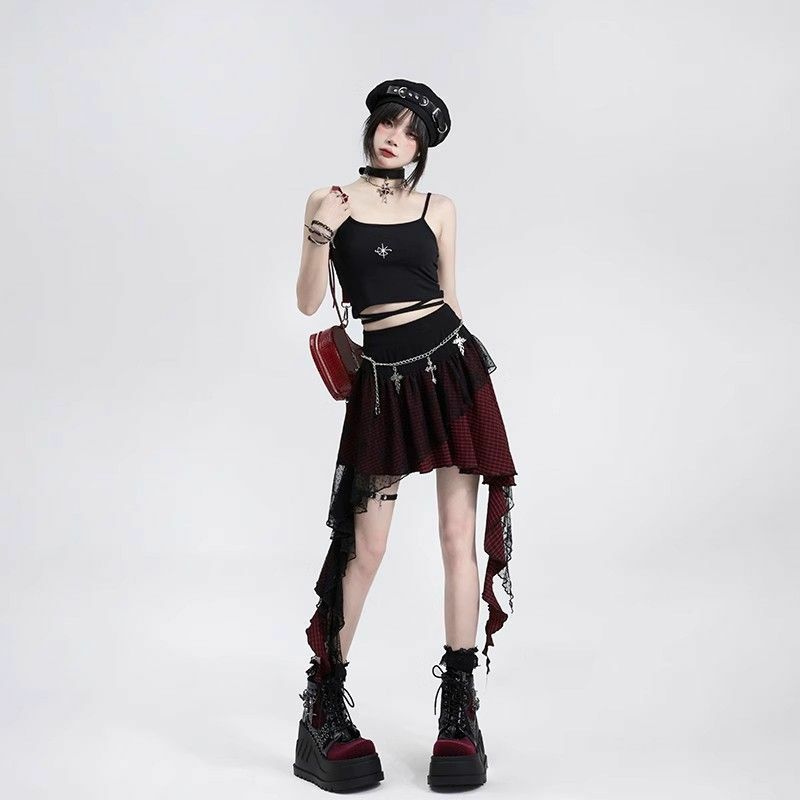 Faldas irregulares Chic Y2K para mujer, diseño japonés dulce y fresco, Harajuku oscuro, Punk, parche estético, falda Vintage a cuadros, moda