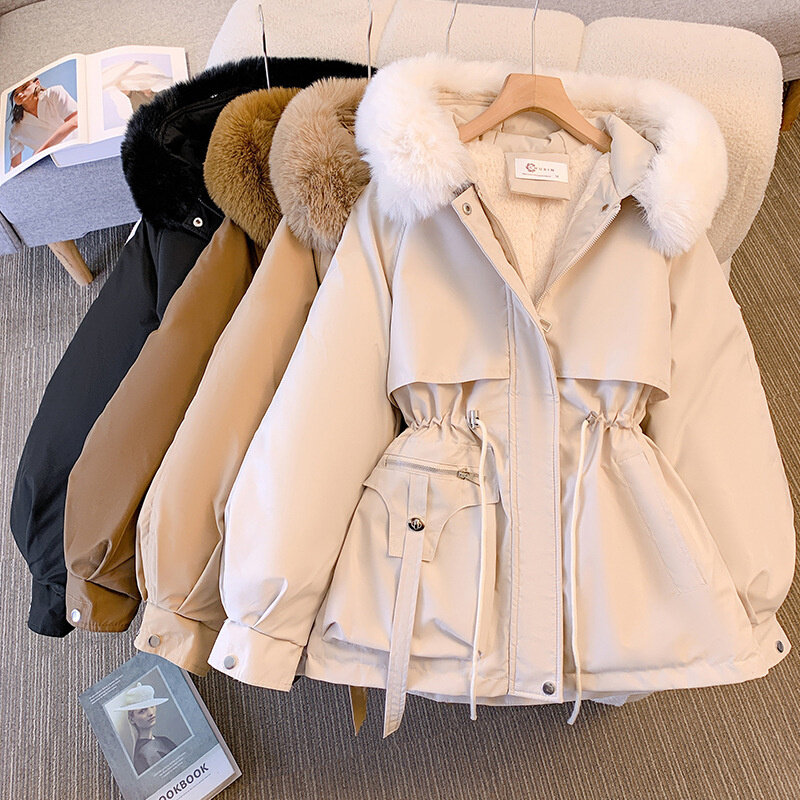 Новинка 2023, модная женская зимняя куртка с воротником из искусственного меха, длинное пальто большого размера с капюшоном и теплой подкладкой, Женская куртка-пуховик, парки для женщин