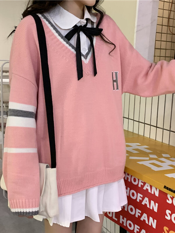 Słodki sweter z dzianiny kobiet japoński mundurek szkolny styl Preppy swetry jesień koreański moda Casual damskie swetry Suéteres