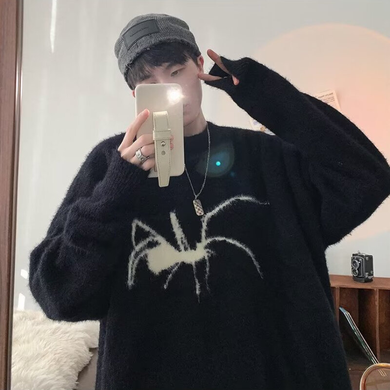 Sweaters Men Warm Loose Streetwear Spider Winter Casual Daily Knitting Pullovers American Style Teenagers Fashion All-match Chic