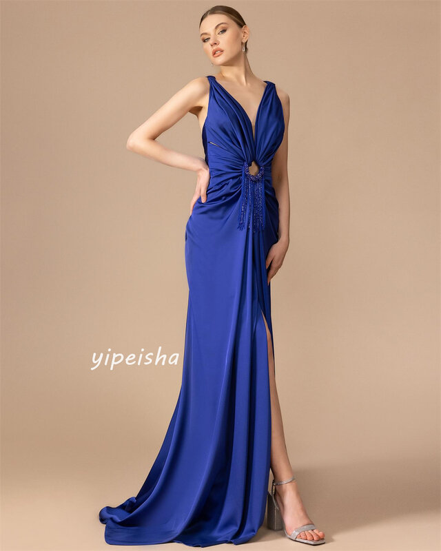 Jersey Sequined Beading Tassel Ruched Birthday A-line V-neck Bespoke Occasion Gown Long Dresses