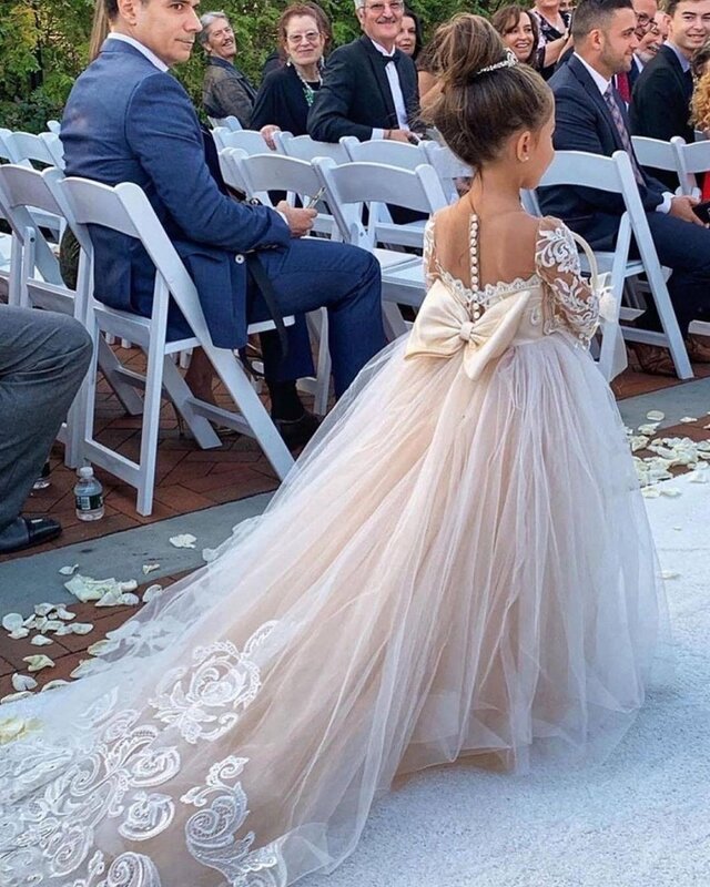 FATAPAESE Blume Mädchen Kleid für Kinder Spitze Tüll Bogen Illusion Hochzeit Brautjungfer Abendkleider Kommunion Prinzessin Ballkleider