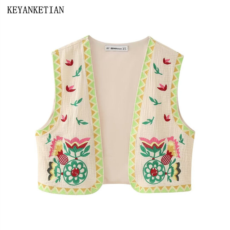 Keyanketian-女性のための花柄の刺繍ベスト、薄いウエストのコート、ノースリーブのクロップトップ、エスニックスタイル、スリムなコート、休暇、新しい発売、2024