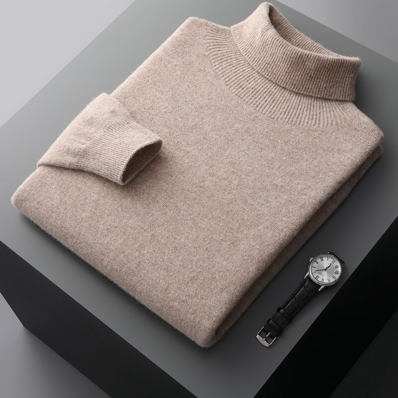 Suéter de lapela alta masculino, malha de lã empresarial, camisa de fundo, primeira linha, pronto a usar 100% caxemira, outono e inverno