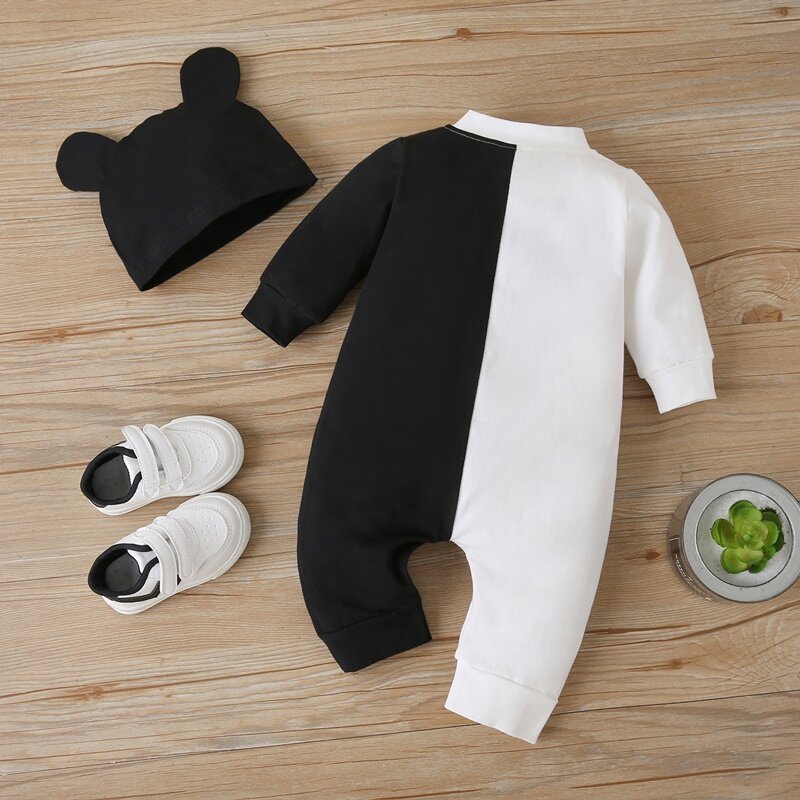 Chapéu e macacão de manga comprida de peito único para bebé, patchwork carta do panda dos desenhos animados, roupas de algodão, primavera e outono, 0-18m, 2 peças