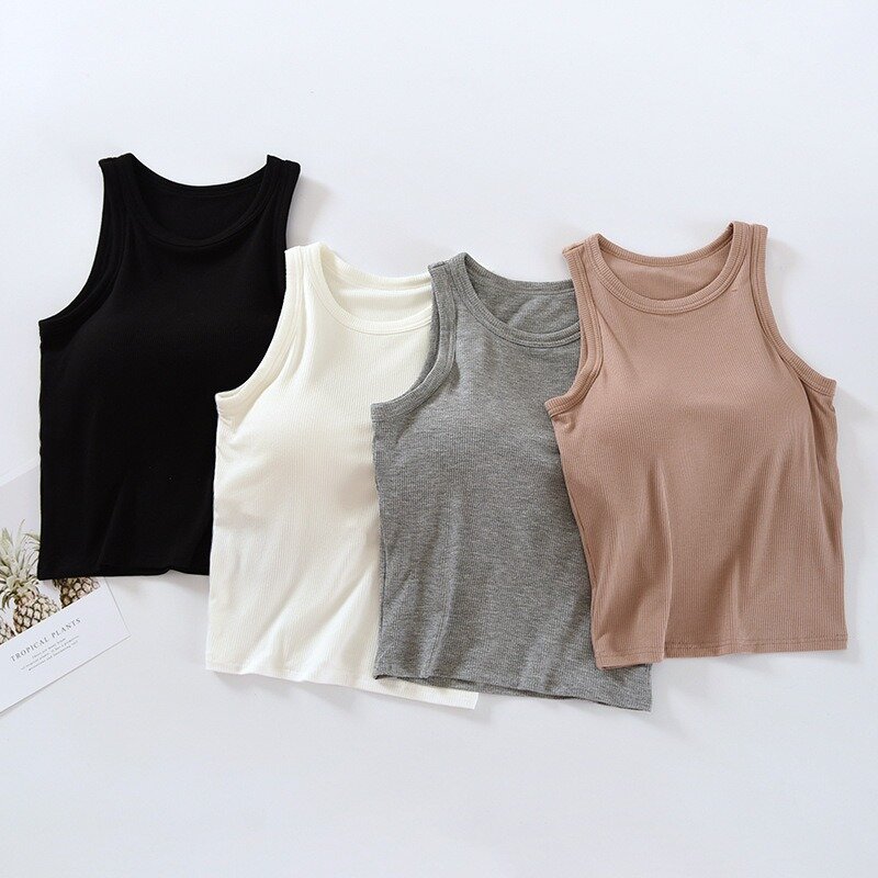 2024 Women's Vest Tops With Built In Bra Neck Vest Padded Slim Fit Tank Tops Sexy Shirts Ribbed Camisoles Casual
