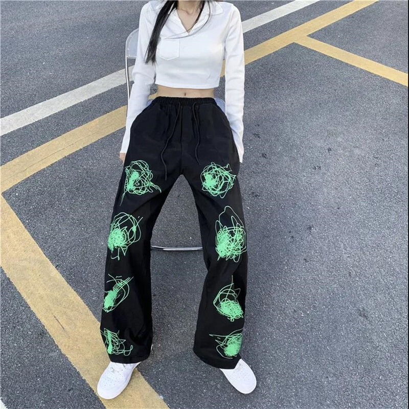 2022 oversized high-waisted wide-leg pants Gothic hip-hop street Harajuku graffiti loose retro straight pants women