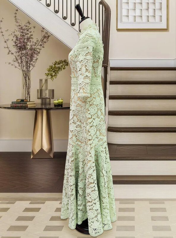 فستان غير منتظم من الدانتيل الأخضر الفاتح ، مناسب للجسم العصري ، تنورة طويلة مناسبة عالية ومنخفضة