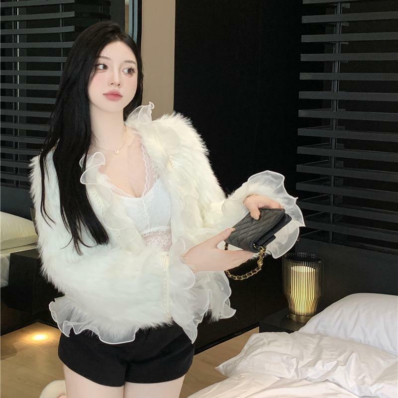 Corea giacca con volant in pizzo bianco autunno inverno imitazione pelliccia di volpe cappotto moda giovane cappotto corto donna giacca di pelliccia dolce tendenza femminile