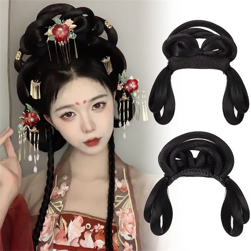 Peluca china antigua para mujer, tocado Hanfu, accesorio para fotografía y baile, moño de pelo integrado, color negro