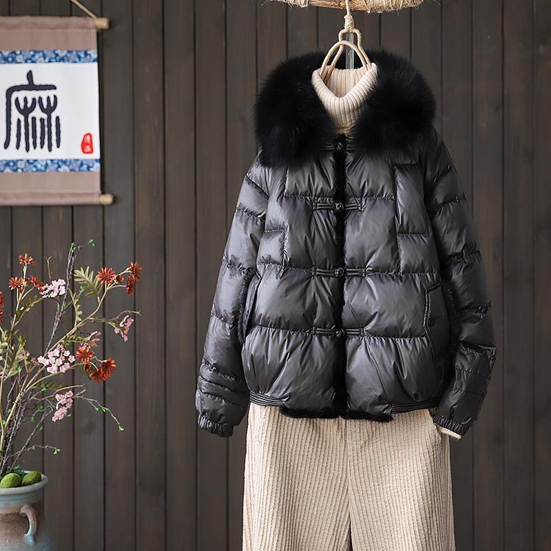 Piumino donna piumino d'anatra bianco 2023 inverno nuovo stile cinese bottone collo di pelliccia di volpe cappotto spesso giacca corta Top Trend donna
