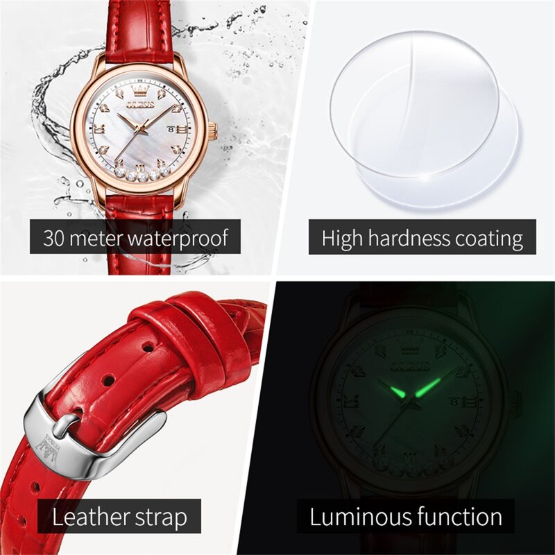 Marka OLEVS 2024 luksusowy diamentowy zegarek kwarcowy dla kobiet skórzany pasek wodoodporne świecące dłonie kalendarz modne zegarki damskie